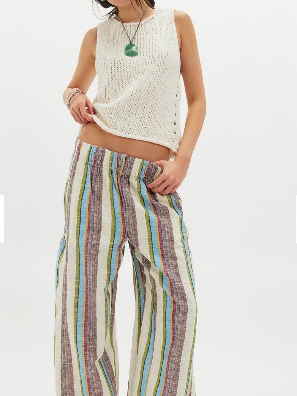 Free People Day’s End Linen Striped Pull On Wide-Leg Pants